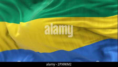 The Gabon national flag waving in the wind. The Gabonese Republic is a Central African Country. Rippled fabric. Textured background. Realistic 3d illu Stock Photo