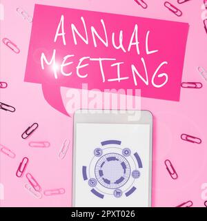 Writing displaying text Annual Meeting, Business overview Yearly gathering of an organization interested shareholders Stock Photo
