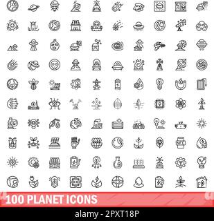 100 planet icons set. Outline illustration of 100 planet icons vector set isolated on white background Stock Vector