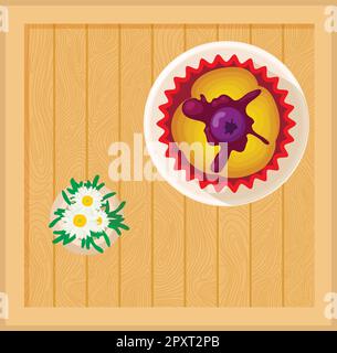 Pudding icon isometric vector. Fresh pudding with blueberry on wood square table. Dessert, sweet food, top view Stock Vector