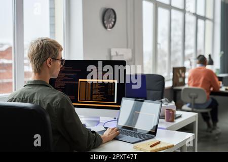 Young programmers writing codes on computer sitting at their workplace during working day in IT office Stock Photo