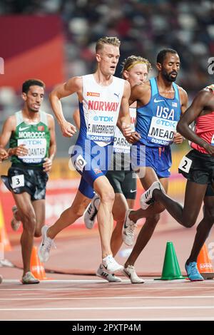 Filip Ingebrigtsen participating in the 5000 meters at the 2019 World Athletics Championships in Doha. Stock Photo