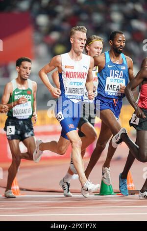 Filip Ingebrigtsen participating in the 5000 meters at the 2019 World Athletics Championships in Doha. Stock Photo