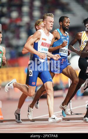 Filip Ingebrigtsen participating in the 5000 meters at the 2019 World Athletics Championships in Doha. Stock Photo