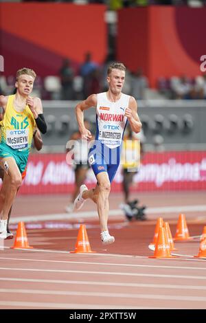 Filip Ingebrigtsen participating in the 5000 meters at the 2019 World Athletics Championships in Doha. Stock Photo