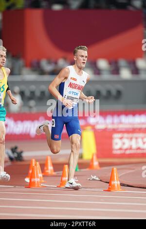 Filip Ingebrigtsen participating in the 5000 meters at the 2019 World Athletics Championships in Doha. Stock Photo