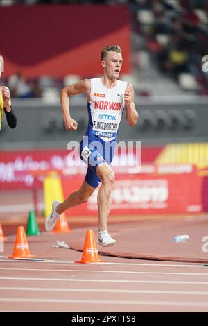 Filip Ingebrigtsen participating in the 5000 meters at the 2019 World Athletics Championships in Doha. Stock Photo