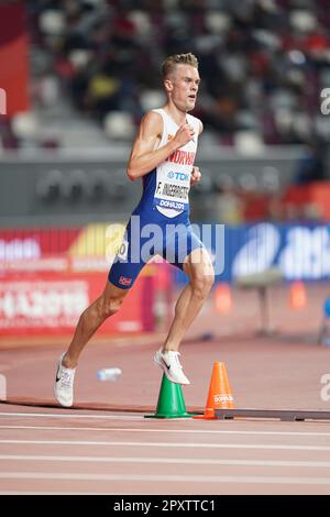 Filip Ingebrigtsen participating in the 5000 meters at the 2019 World Athletics Championships in Doha. Stock Photo