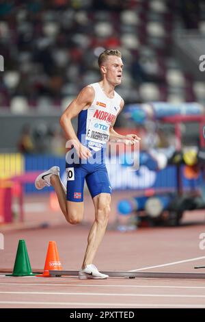 Filip Ingebrigtsen participating in the 5000 meters at the 2019 World Athletics Championships in Doha. Stock Photo