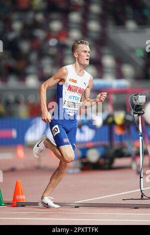 Filip Ingebrigtsen participating in the 5000 meters at the 2019 World Athletics Championships in Doha. Stock Photo