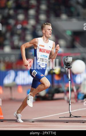 Filip Ingebrigtsen participating in the 5000 meters at the 2019 World Athletics Championships in Doha. Stock Photo