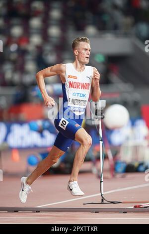 Filip Ingebrigtsen participating in the 5000 meters at the 2019 World Athletics Championships in Doha. Stock Photo