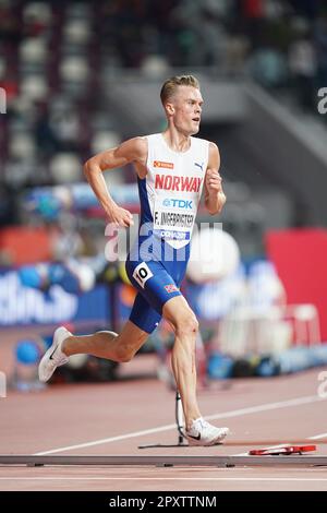 Filip Ingebrigtsen participating in the 5000 meters at the 2019 World Athletics Championships in Doha. Stock Photo