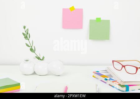 Office Supplies Over Desk. Keyboard and Glasses. Assorted School Utilities Stock Photo