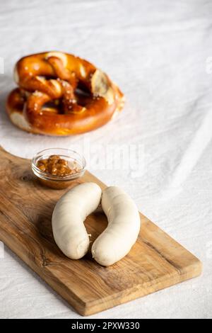 Bavarian White Sausages With Pretzel Stock Photo