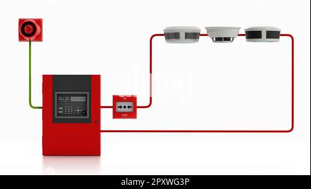 Fire detection alarm system diagram. 3D illustration. Stock Photo