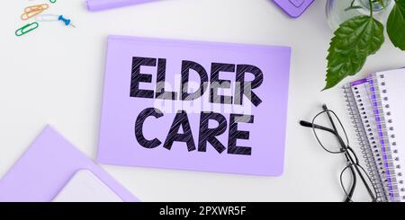 Text caption presenting Elder Care, Concept meaning the care of older people who need help with medical problems Stock Photo