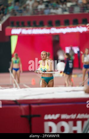 Liz Parnov participating in the pole vault at the Doha 2019 World Championships in Athletics. Stock Photo