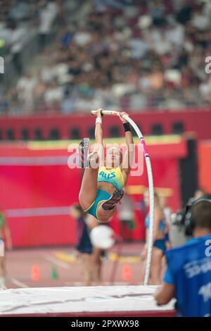 Liz Parnov participating in the pole vault at the Doha 2019 World Championships in Athletics. Stock Photo