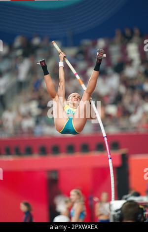 Liz Parnov participating in the pole vault at the Doha 2019 World Championships in Athletics. Stock Photo