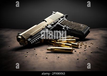 Hand gun with ammunition on dark background. 9 mm pistol military weapon and pile of bullets ammo at the metal table. Stock Photo