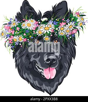 Vector fashion Belgian Shepherd Dog, Groenendael breed in wildflowers wreath Stock Vector