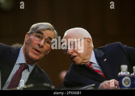 Washington, Vereinigte Staaten. 02nd May, 2023. Jeremy Fogel, Executive Director, Berkeley Judicial Institute and former United States District Judge for the Northern District of California; and Michael B. Mukasey, former US Attorney General and former US District Judge for the Southern District of New York converse during the US Senate Committee on the Judiciary Hearing Supreme Court Ethics Reform on capitol Hill in Washington, DC on Tuesday, May 2, 2023. Credit: Rod Lamkey/CNP/dpa/Alamy Live News Stock Photo