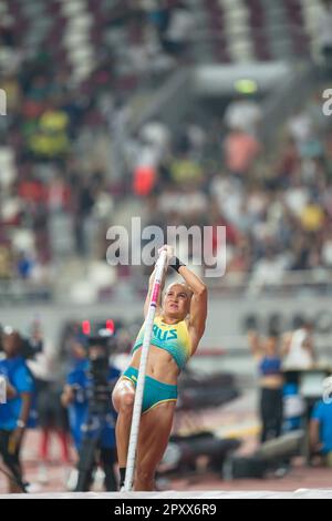 Liz Parnov participating in the pole vault at the Doha 2019 World Championships in Athletics. Stock Photo