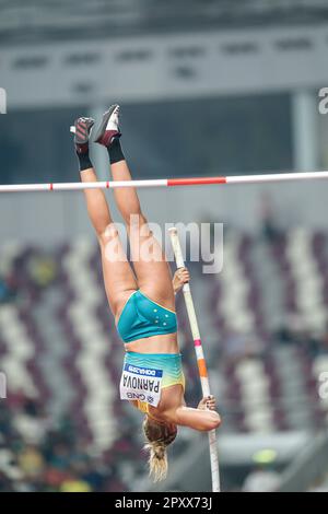 Liz Parnov participating in the pole vault at the Doha 2019 World Championships in Athletics. Stock Photo