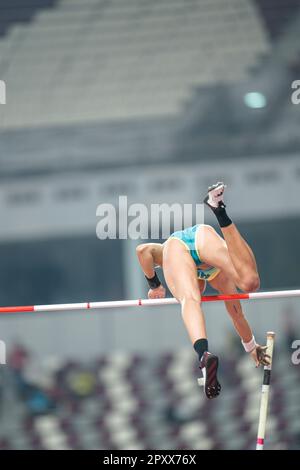 Liz Parnov participating in the pole vault at the Doha 2019 World Championships in Athletics. Stock Photo