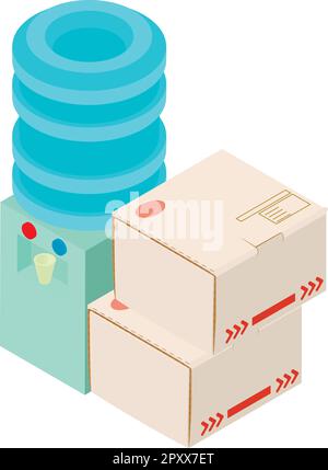Office equipment icon isometric vector. Water cooler and two closed parcel box. Watercooler, equipment delivery Stock Vector