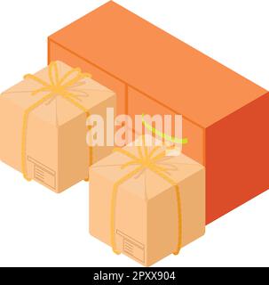 Furniture transportation icon isometric vector. New wood dresser and two parcel. Interior decor, furniture delivery Stock Vector