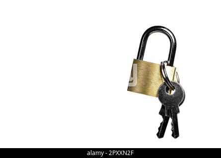 Close up of small brass gold metal steel padlock shackle lock with attached keys on white background as concept for security locker and safety Stock Photo