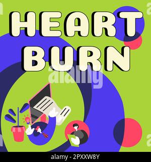 Conceptual caption Heart Burn, Concept meaning a burning sensation or pain in the throat from acid reflux Stock Photo