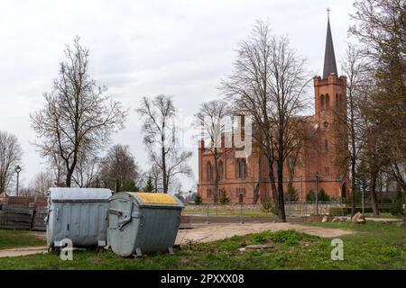 The construction site of the new Church of the Holy Cross with two garbage cans Stock Photo