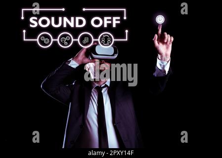 Writing displaying text Sound Off, Word for To not hear any kind of sensation produced by stimulation Stock Photo