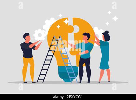 Team collaboration to create ideas. People assemble a light bulb as a puzzle as team. Team problem solving and business success concept. Businessmen a Stock Vector