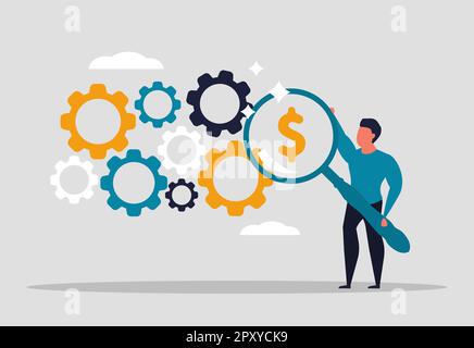 Work optimization for more efficient results. A man stands with a magnifying glass and examines the gears. Company profit and cost strategy. Vector il Stock Vector