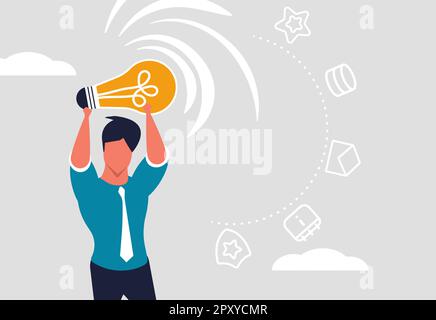Male analyst analyzes data, company business analyst. Data analysis for making successful decisions. A business man holds a light bulb and receives da Stock Vector