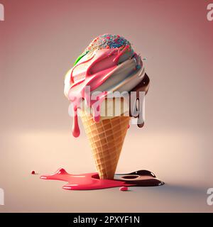 Melting ice cream balls in the waffle cone, 3D illustration art digital design Stock Photo