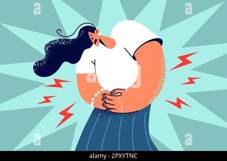 Unhealthy woman touch belly suffer from painful periods. Unwell female struggle with pain or ache during pms. Acute stomachache symptom. Vector illust Stock Photo