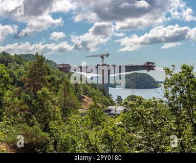 Kristiansand, Norway - August 01 2021: Trysfjorden bridge under construction. Stock Photo