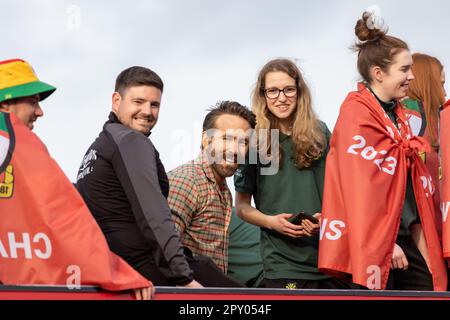 Wrexham, UK. 02nd May, 2023. Ryan Reynolds Co-Owner of Wrexham AFC during the Wrexham AFC Vanarama National League Victory Parade, at Wrexham, Wales, United Kingdom on Tuesday 2nd May 2023 (Photo by Phil Bryan/Alamy Live News) Stock Photo