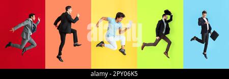 Collage of jumping businessmen on colorful background Stock Photo