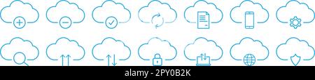 Set of blue computer cloud icons. Vector illustration isolated on white background Stock Vector