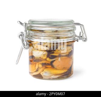 Marinated mussels in jar on white background Stock Photo