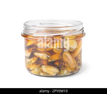 Marinated mussels in jar on white background Stock Photo