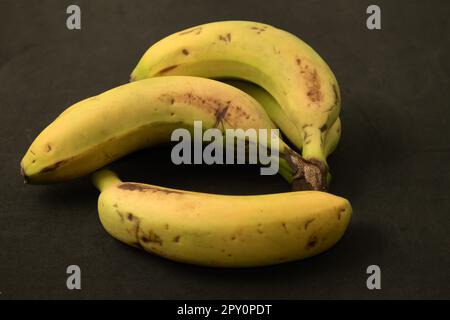 A hand of bananas from the Canary Islands (Spain) with small spots that mark their state of ripeness on a black background Stock Photo