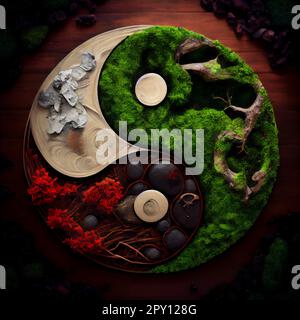 Yin Yang sign of nature elements 3D illustration digital art design Stock Photo