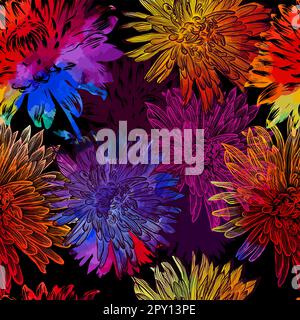 Seamless pattern of colored chrysanthemums. On a dark background. Vector illustration Stock Vector